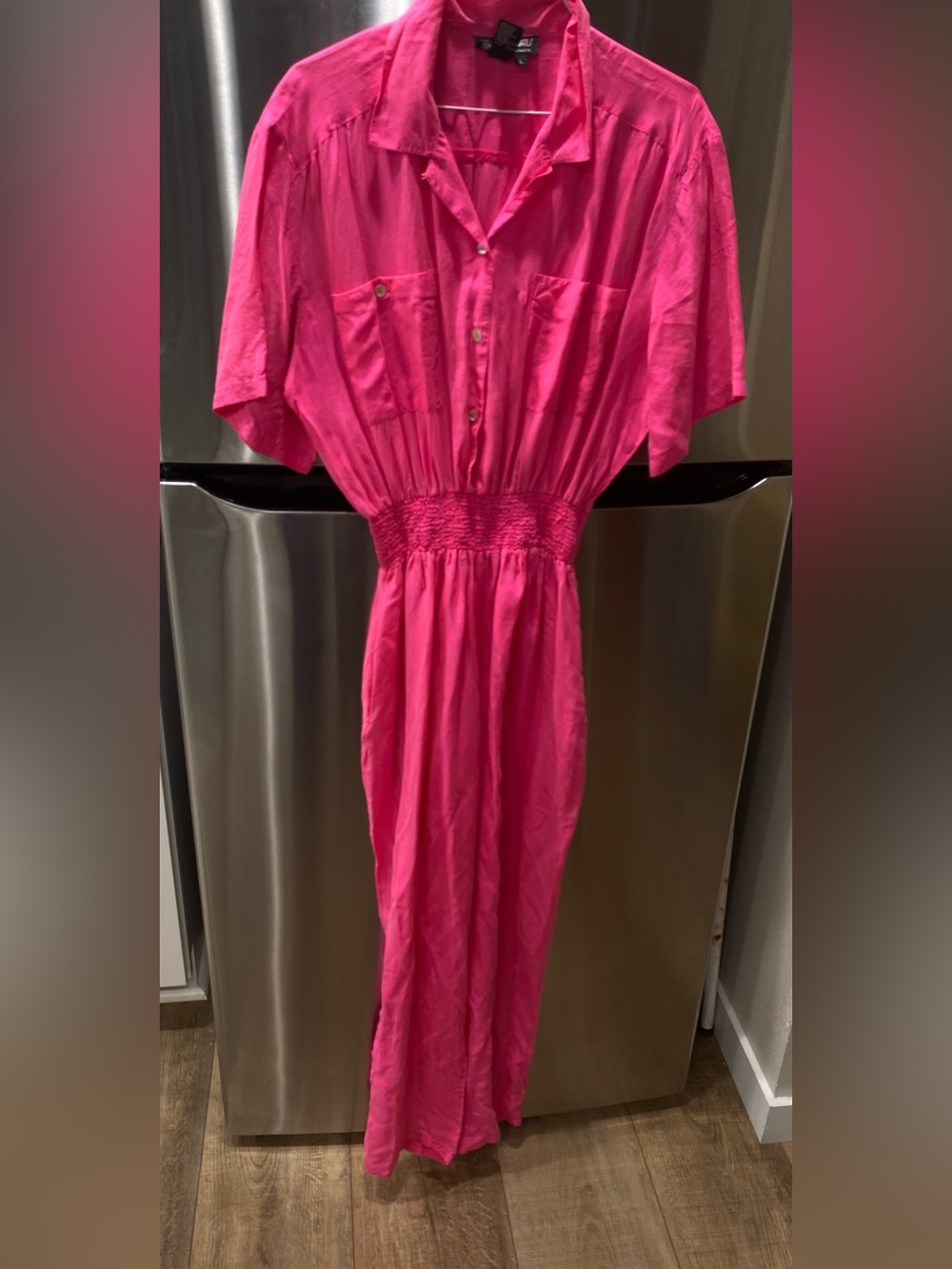 Vintage silk Sophisticates Hot Pink Short-Sleeve jumpsuit with Shirred Waist